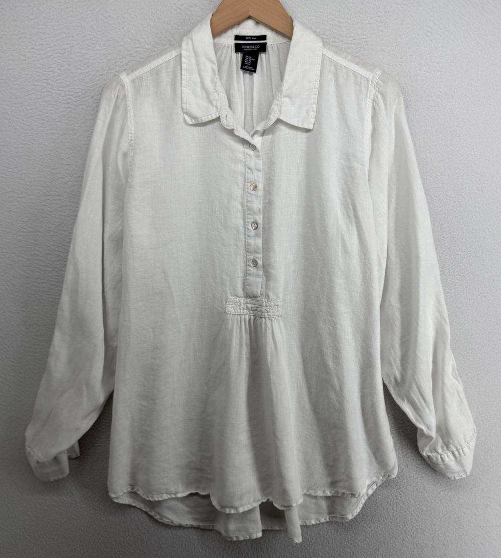 JONES & CO Top XL 100% Linen Popover Tunic Shirt Roll Tab Sleeve White